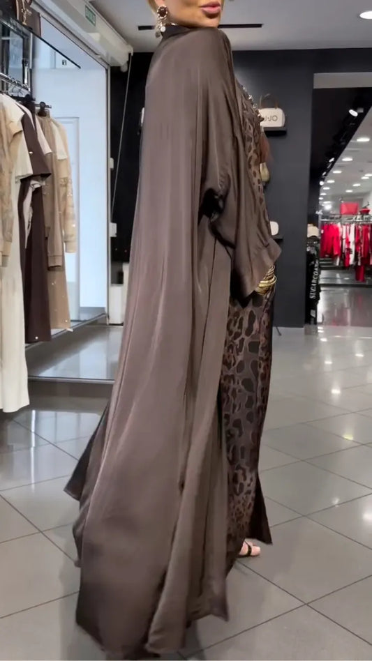 Women's Round Neck Dress + Cardigan Long Satin Suit