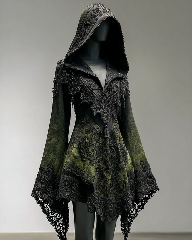 Halloween Gradient Bat Embroidered Lace Patchwork Hooded Dress 7e43