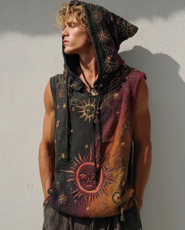 Men's Summer Vacation Star and Moon Embroidery Tie-Dye Hooded Sleeveless Top 7b9c