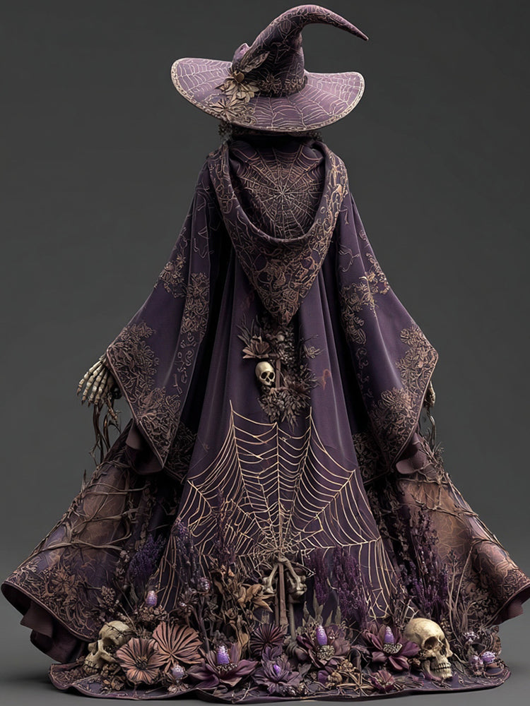 Women's Halloween Spiderweb Skull Floral Witch Hooded Cape