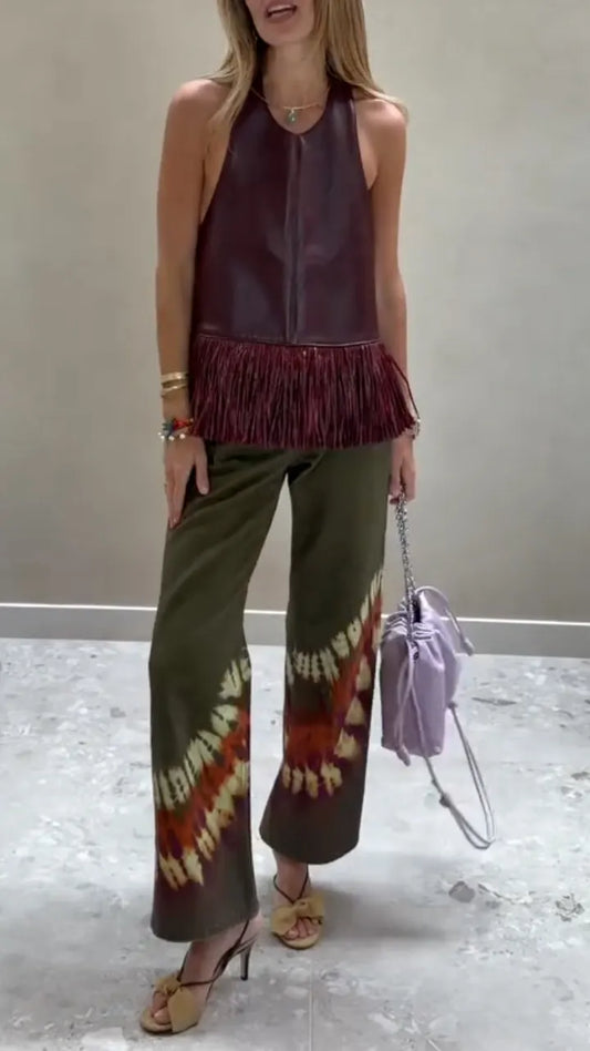 Maroon Leather Fringe Halter Top & Tie-Dye Pants