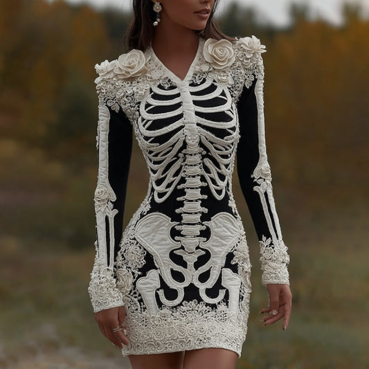 Women's Halloween Skeleton Bones With Rose Art Cozy Knit V Neck Mini Sweater Dress