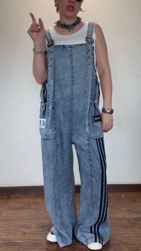 Washed Blue Striped Denim Overalls