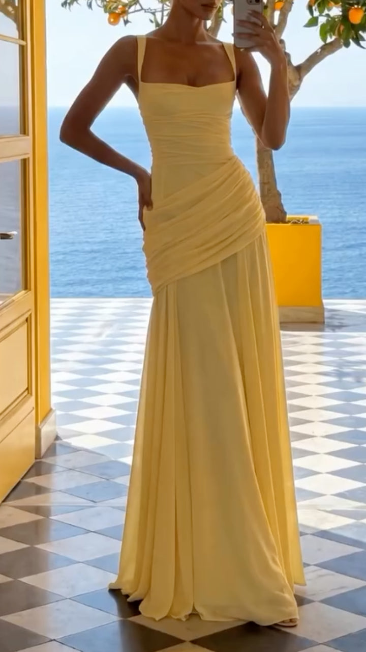 Yellow Square Neck Ruched Maxi Chiffon Gown ### Product Title