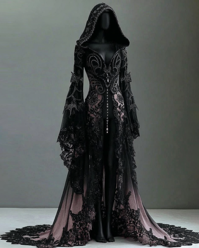 Halloween themed gradient lace embroidery patchwork hooded dress f13f