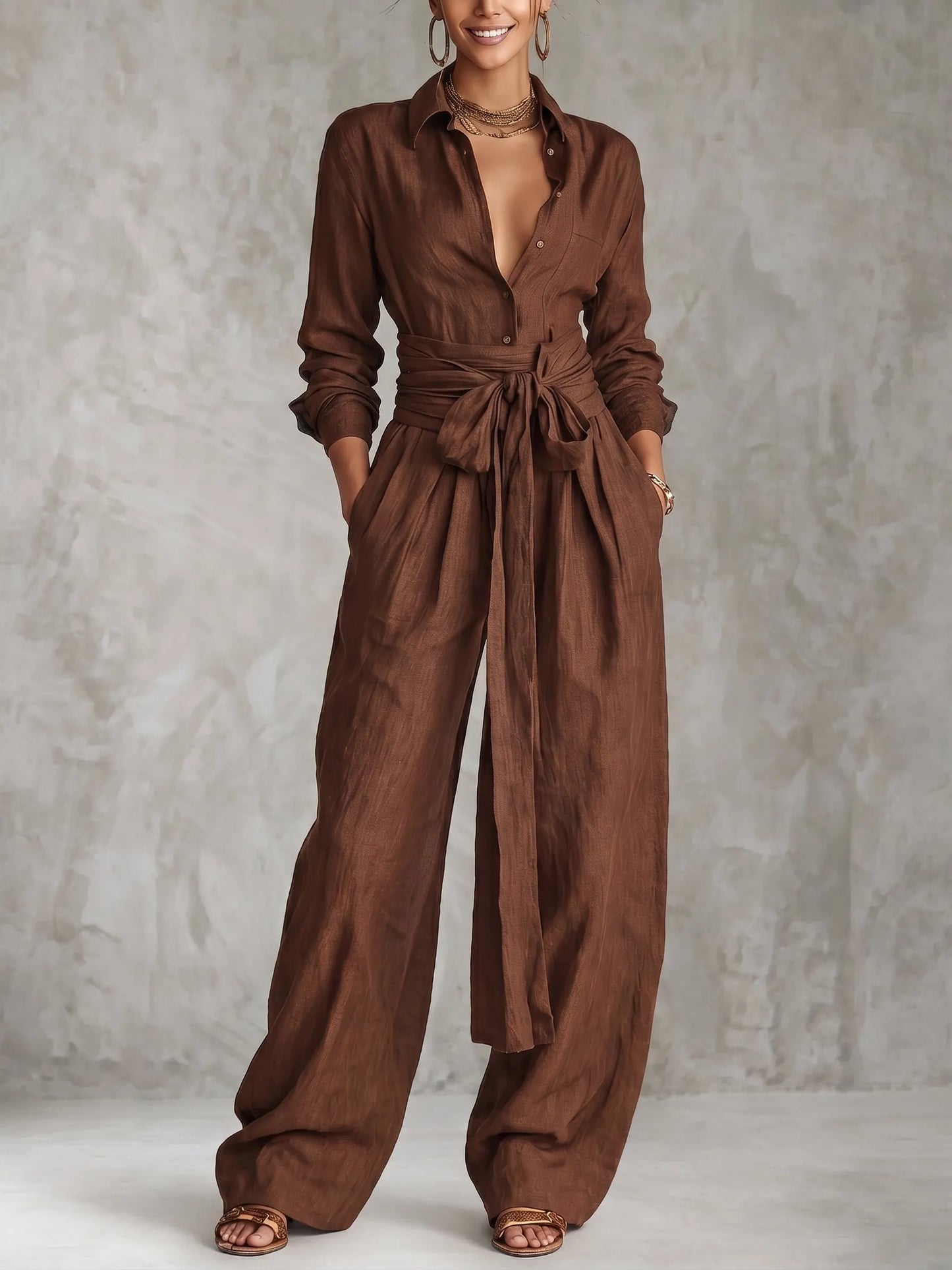 Solid Color Collared Top And Stylish Casual High-waisted Trousers Two-piece Set