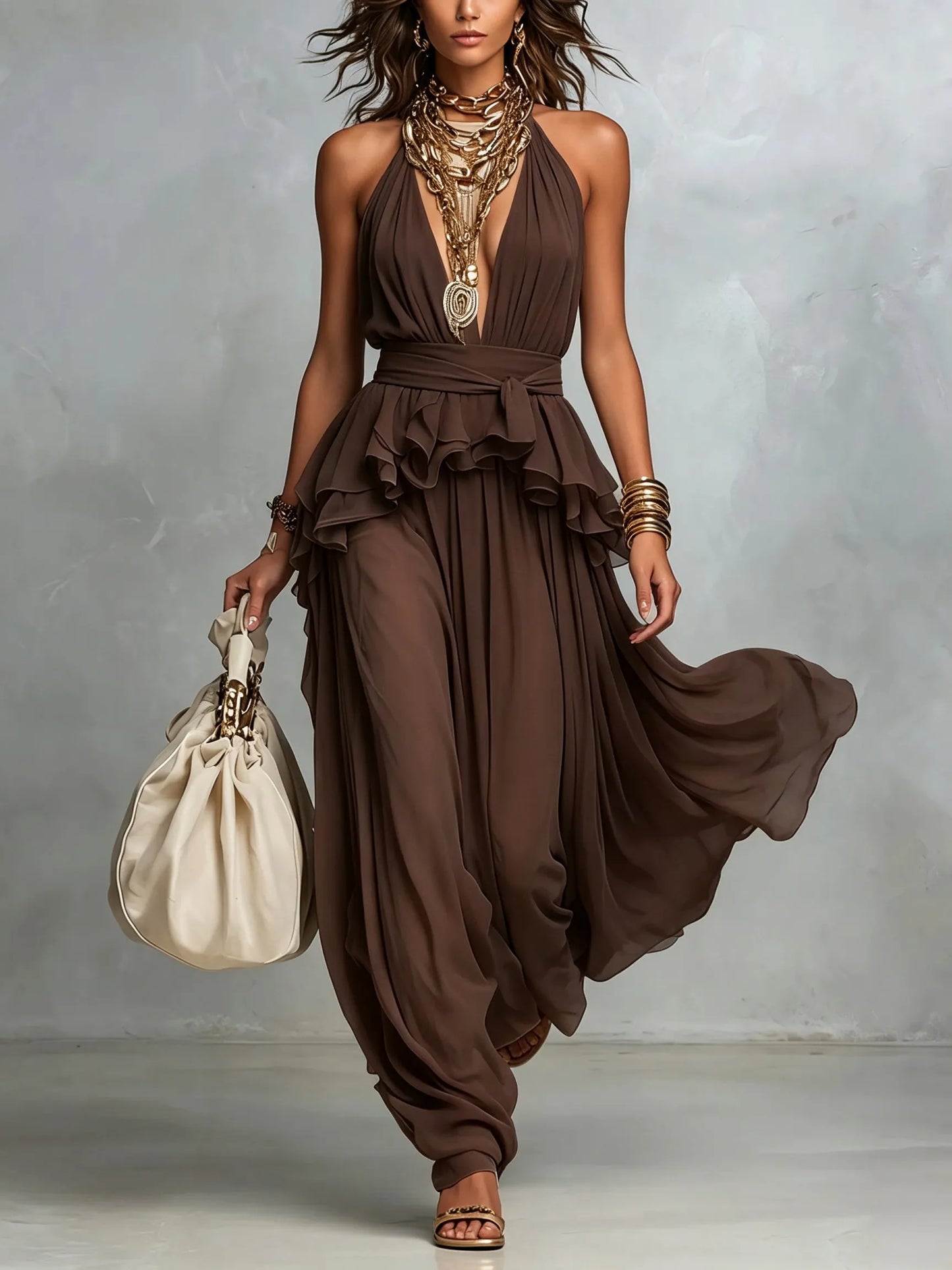 Women's Halter Ruffle-Waist Maxi Dress