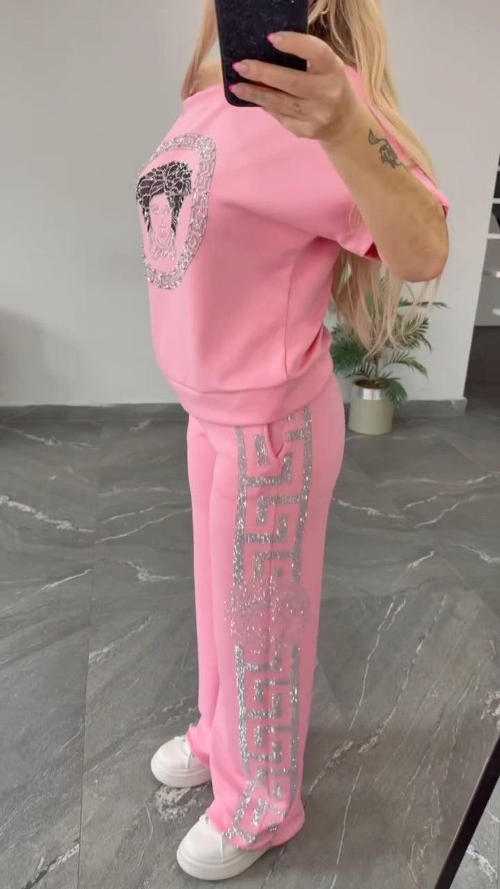 Rhinestone Trim Medusa Print Tracksuit Set