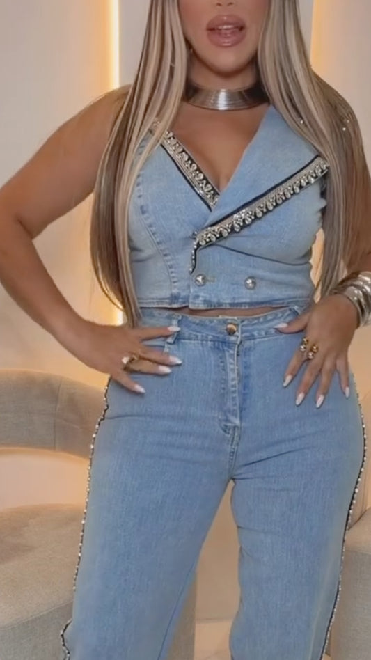 hinestone Denim Crop Top & Flare Jean Set