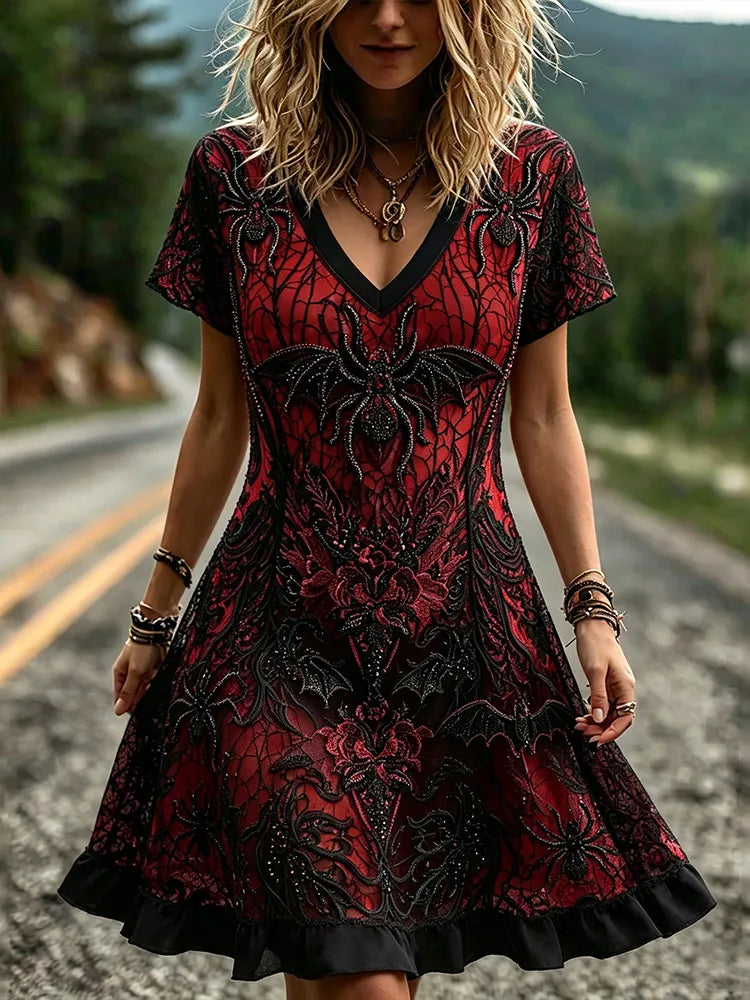 Gothic Red Web Spider Bat Embroidery Midi Dress