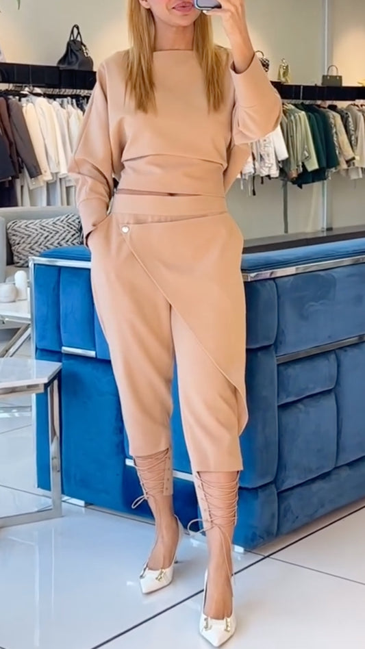 Nude Crop Top & Asymmetrical Cropped Trouser 2 Piece Set
