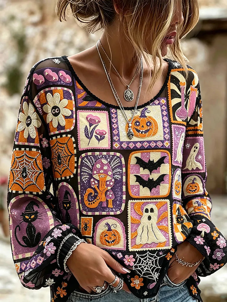 Vintage Cartoon Halloween Patchwork Shirt