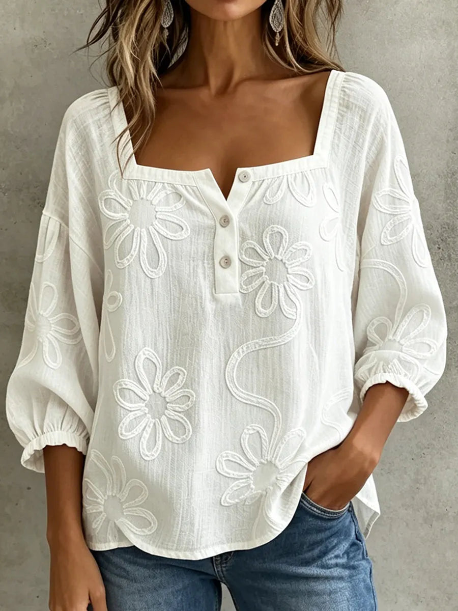 Boho Floral Embroidered Square-neck Cotton Blouse