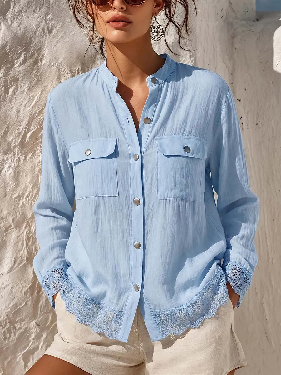 Women's Solid-color Stand-collar Long-sleeve Loose-fit Cotton-linen Shirt With Lace Paneling