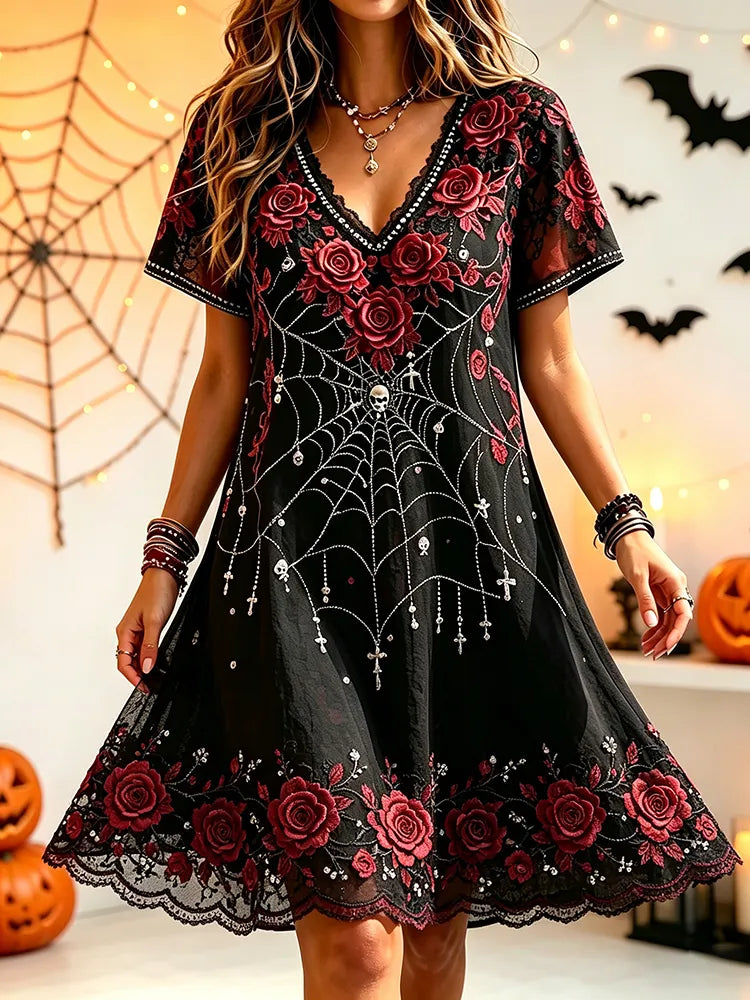 Women's Vintage Halloween Spiderweb Floral Pattern Casual Linen Dress