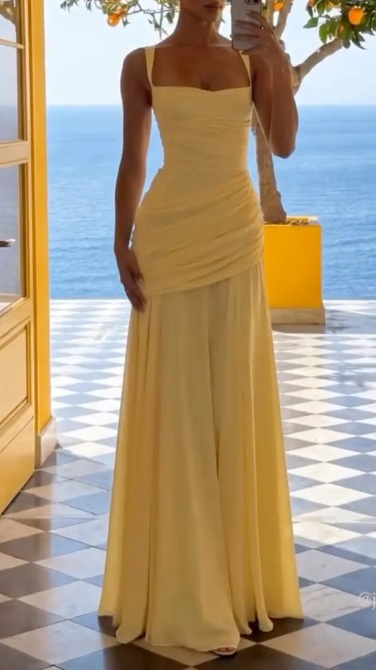 Yellow Square Neck Ruched Maxi Chiffon Gown ### Product Title