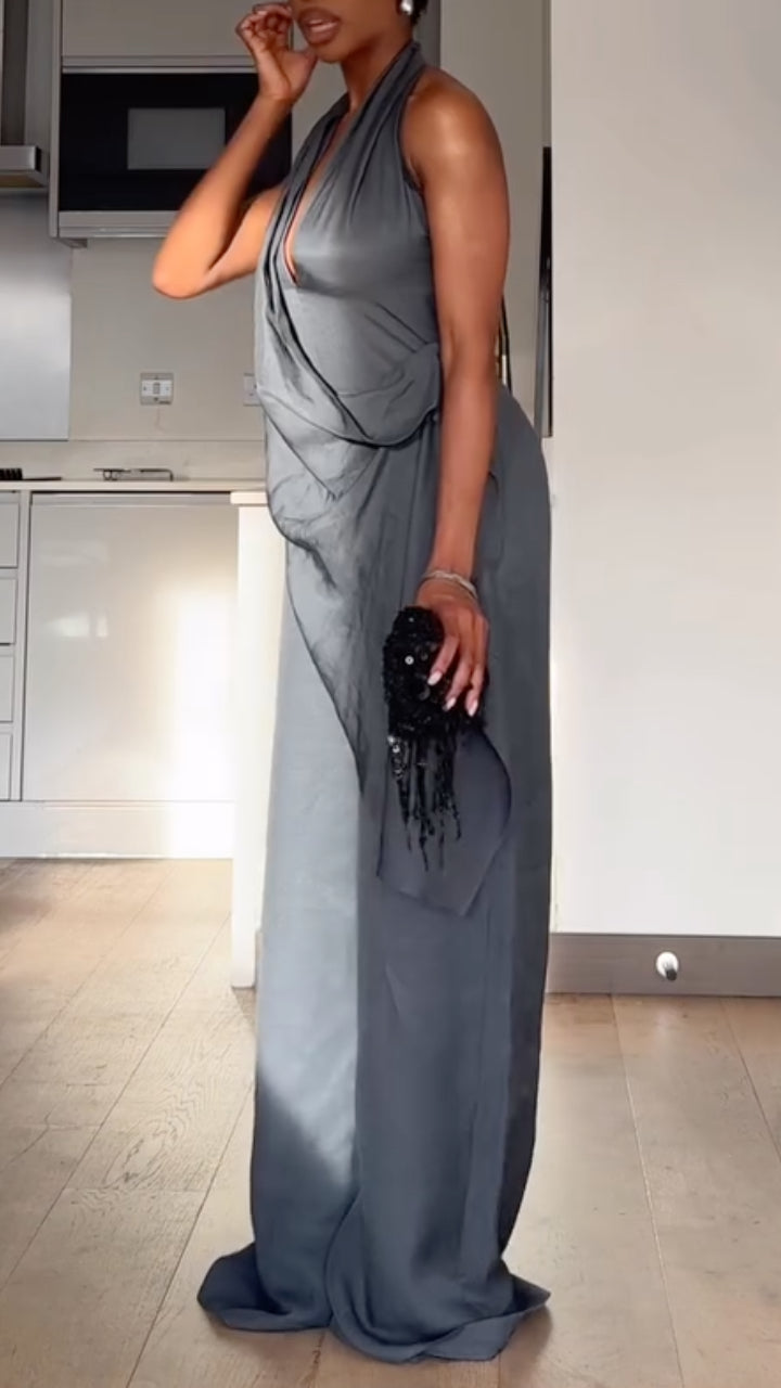 Grey Halter Neck Draped Wide Leg Pants Set