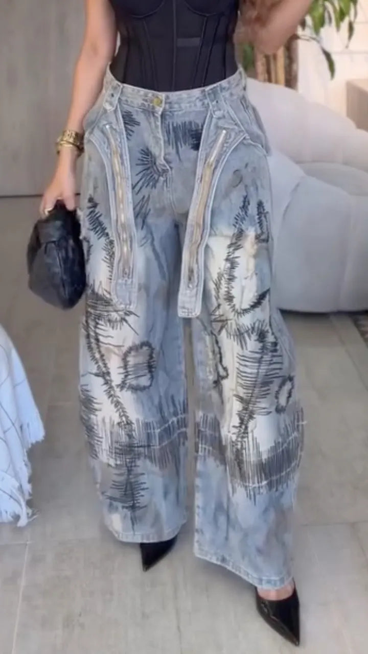 Graphic Print Wide Leg Denim Pants