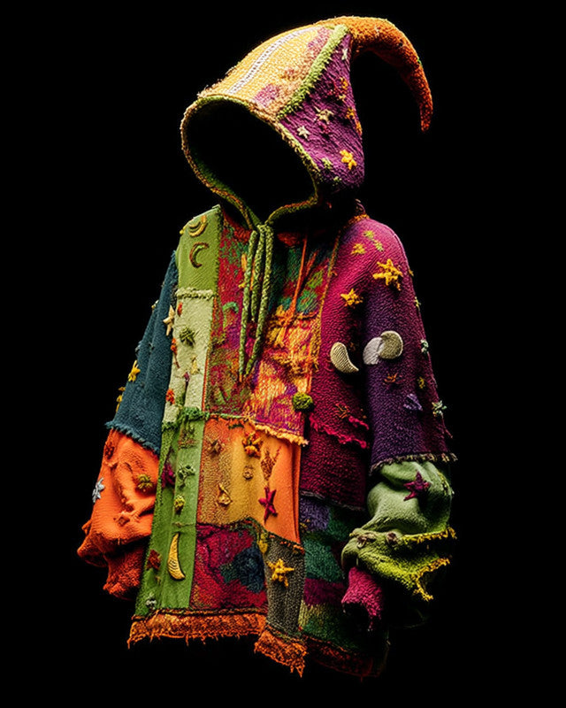 Women's Summer Vacation Stars and Moon Embroidered Linen Patchwork Hooded Sweatshirt 67d3