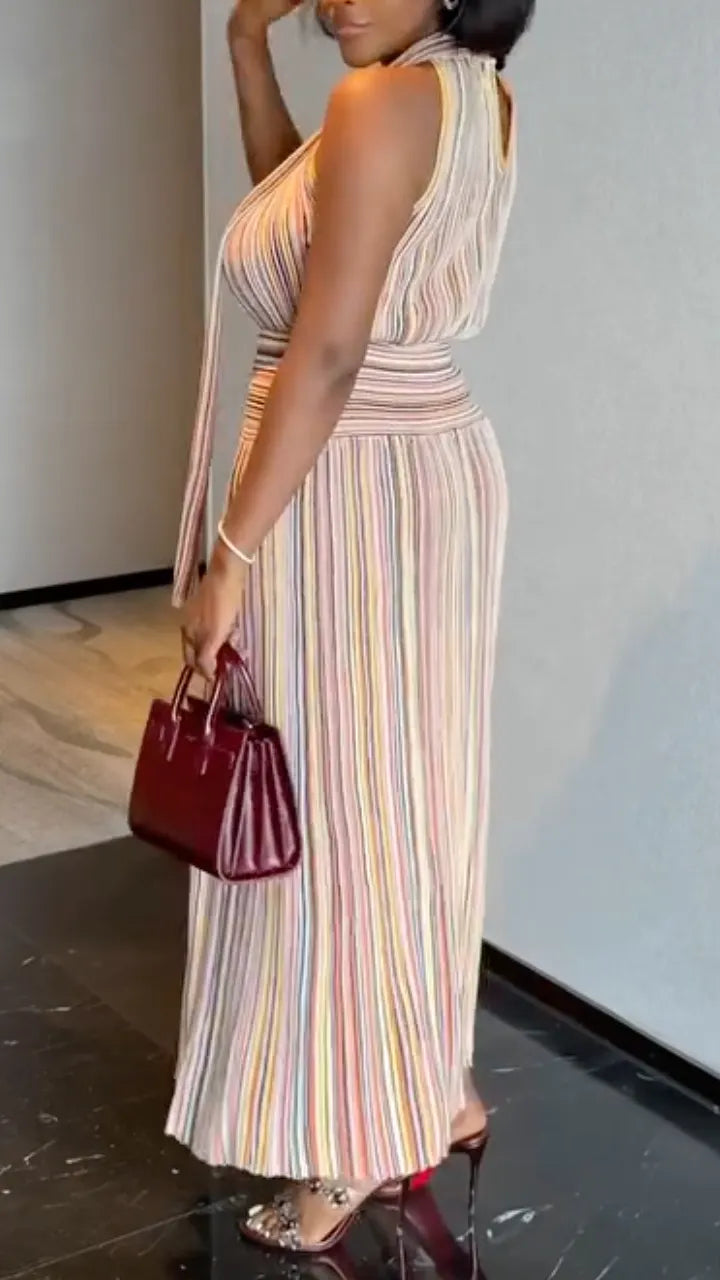 Multicolor Halter Neck Pleated Maxi Dress