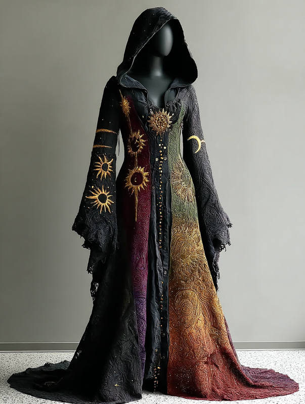 Halloween Gradient Gradient Star and Moon Embroidery Hooded Dress c8da