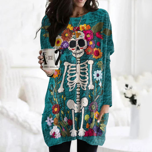 Retro Mexican Festive Day Of The Dead Skeleton Inspired Pattern Pocket Comfy Tunic