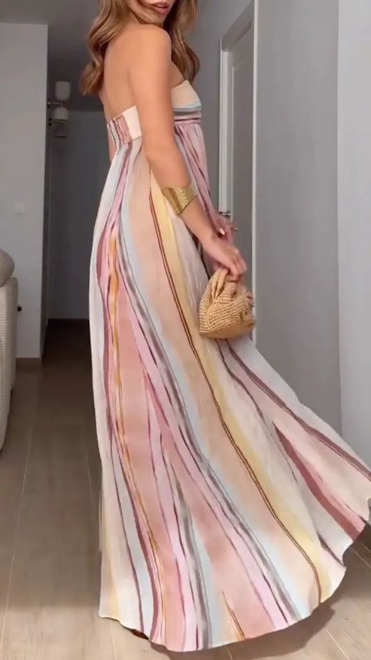 Pastel Watercolor Stripe Strapless Maxi Dress