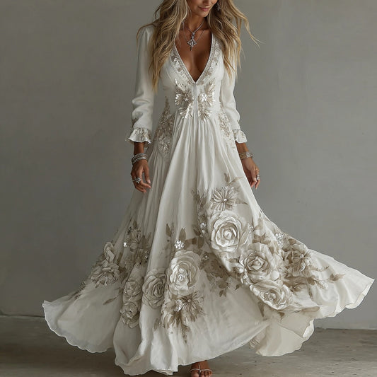 Women's Vintage White Flowers Embroidery Art V-neck Maxi Dress