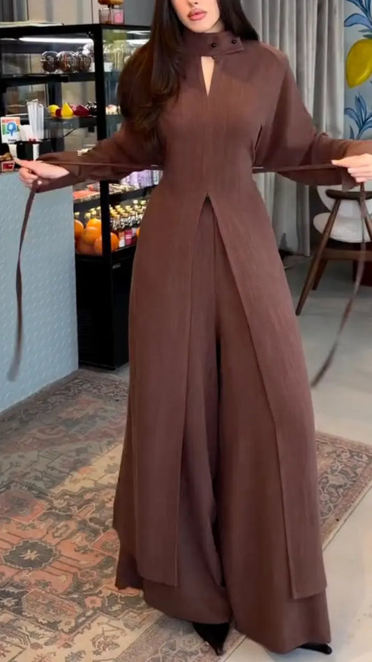 Mock Neck Long Sleeve Top & Wide Leg Pants Co‑Ord Set