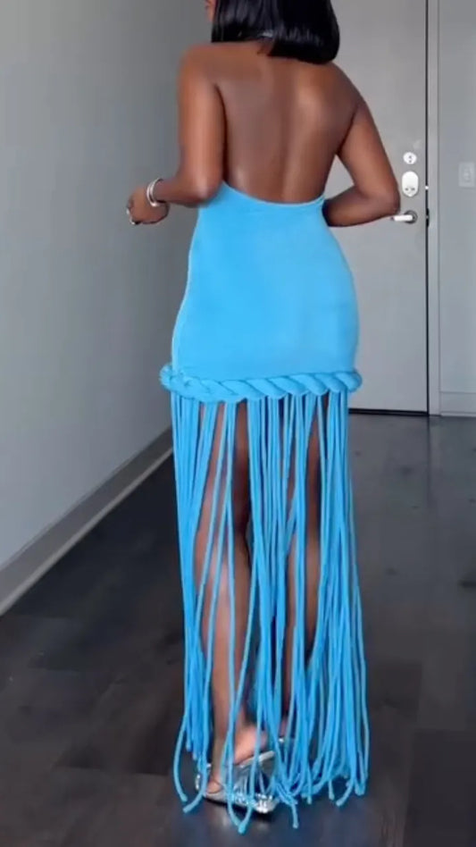 Blue Halter Neck Braided Fringe Maxi Dress
