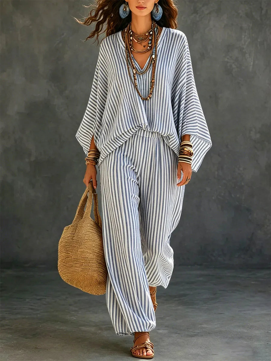 Women's Striped Art Casual Long Sleeve Top And Pants Cotton And Linen Two-piece Set