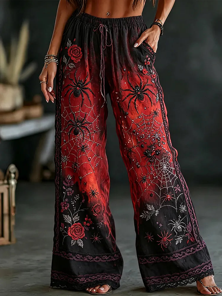 Women's Vintage Halloween Spider And Rose Art Gradient Distressed Cotton Linen Casual Pants