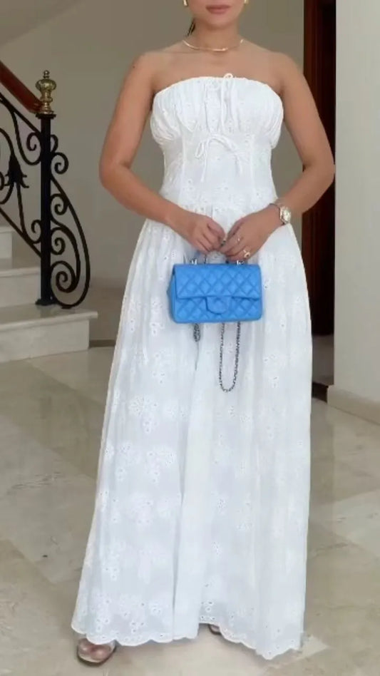 White Strapless Eyelet Embroidered Maxi Dress