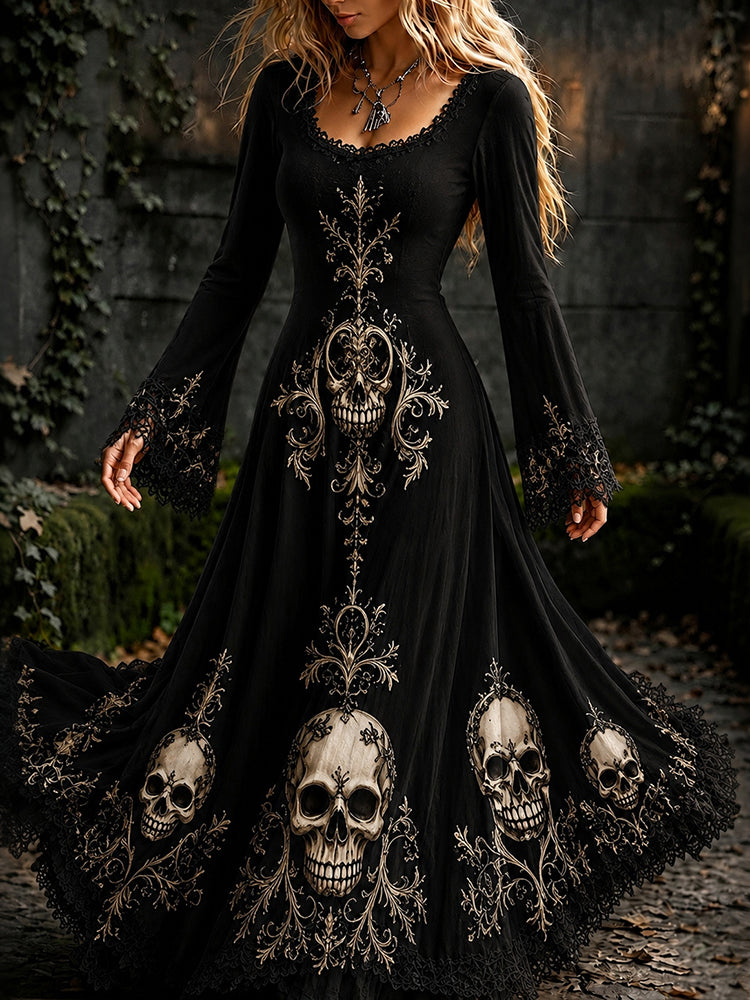 Women's Retro Gothic Skull Pattern Maxi Halloween Dress