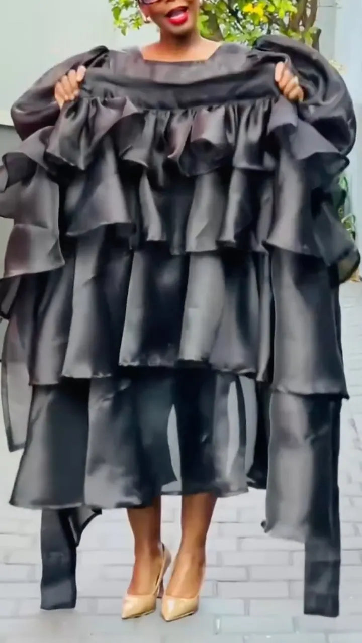 Black Multi-Layer Ruffled Satin Maxi Set