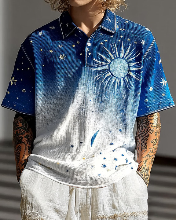 Men's summer vacation star and moon embroidered tie-dye polo shirt 0214