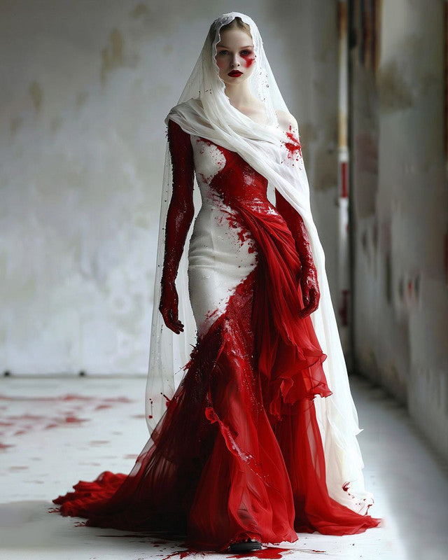 Halloween Themed Contrasting Bloodstained Mesh Ruffle Sequin Dress e87f
