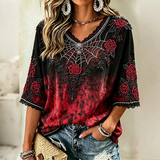 Retro Gothic Spider Skull Floral Gradient Art Casual Tops