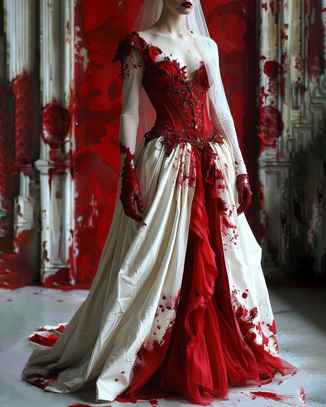 Halloween Themed Contrasting Bloodstained Lace Mesh Dress 41aa