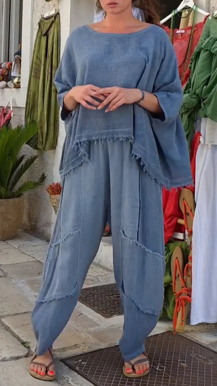Mauve Frayed Linen Two Piece Set