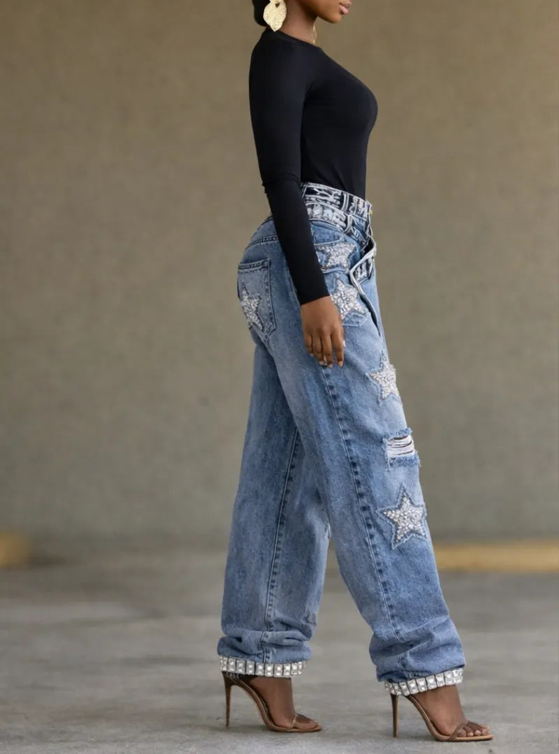 Light Blue Star Rhinestone Distressed Baggy Jeans