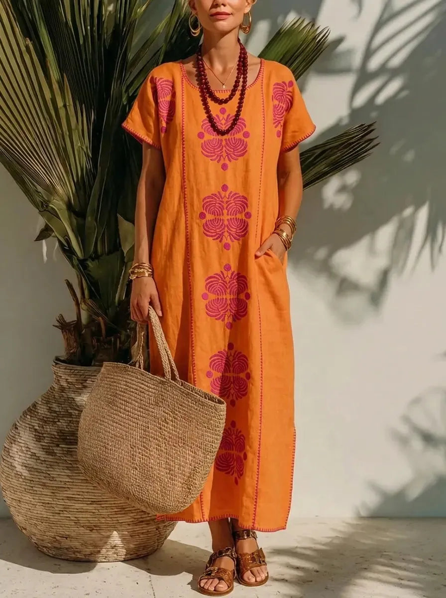Women's Orange Ethnic Print Maxi Dress
