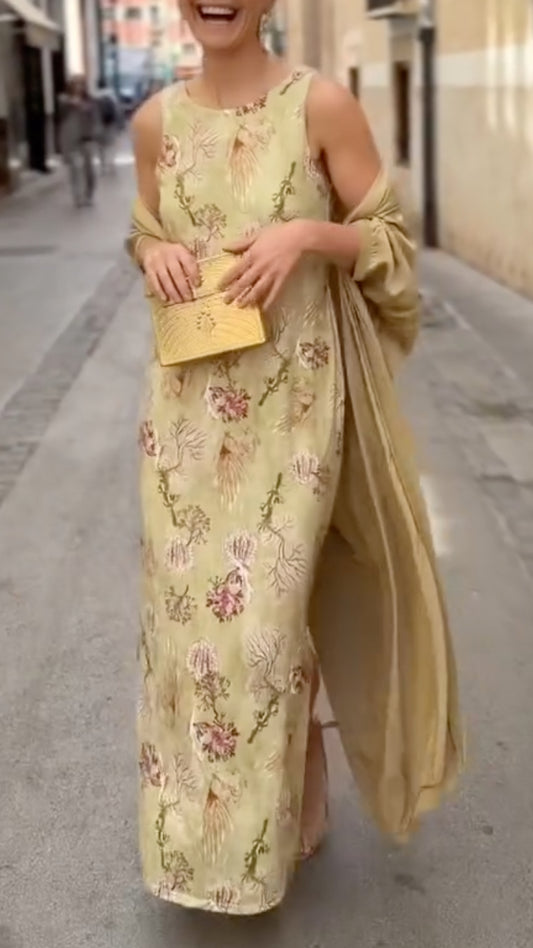 Women's Satin Long Cardigan & Printed Dress Set