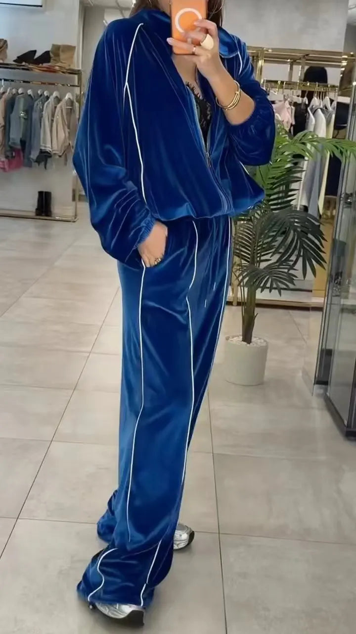 Royal Blue Velvet Striped Tracksuit, 2 Piece Set
