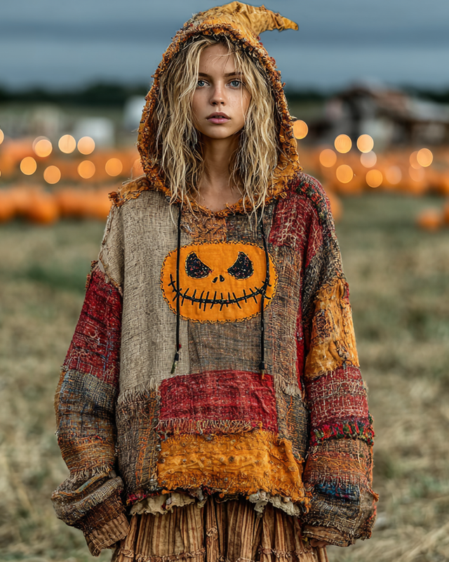 Halloween Themed Pumpkin Embroidery Patchwork Hoodie 096e