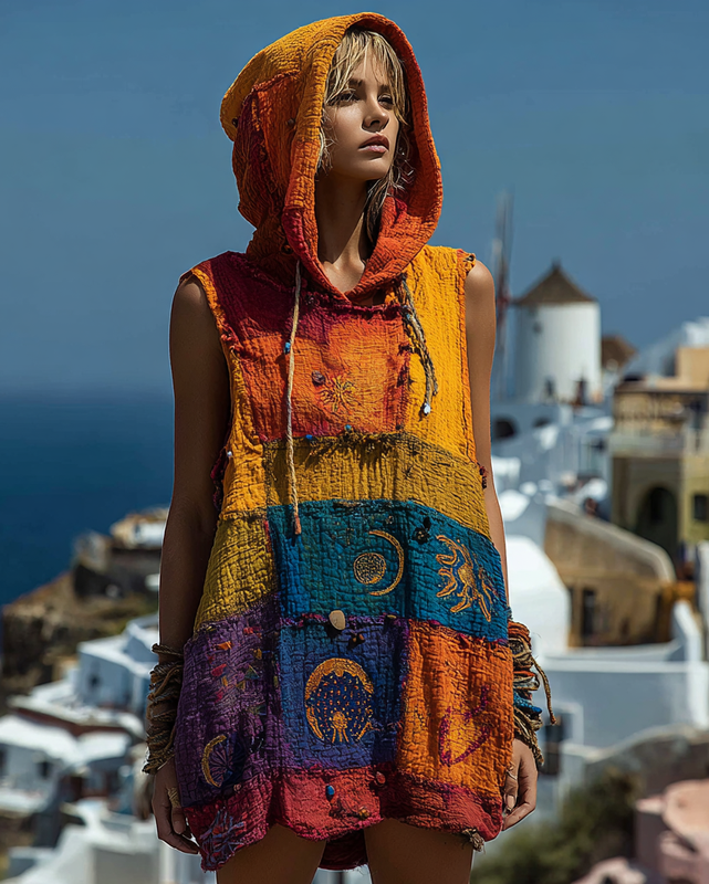 Summer vacation star and moon embroidery rainbow contrast color hooded sleeveless dress aa40 1d62