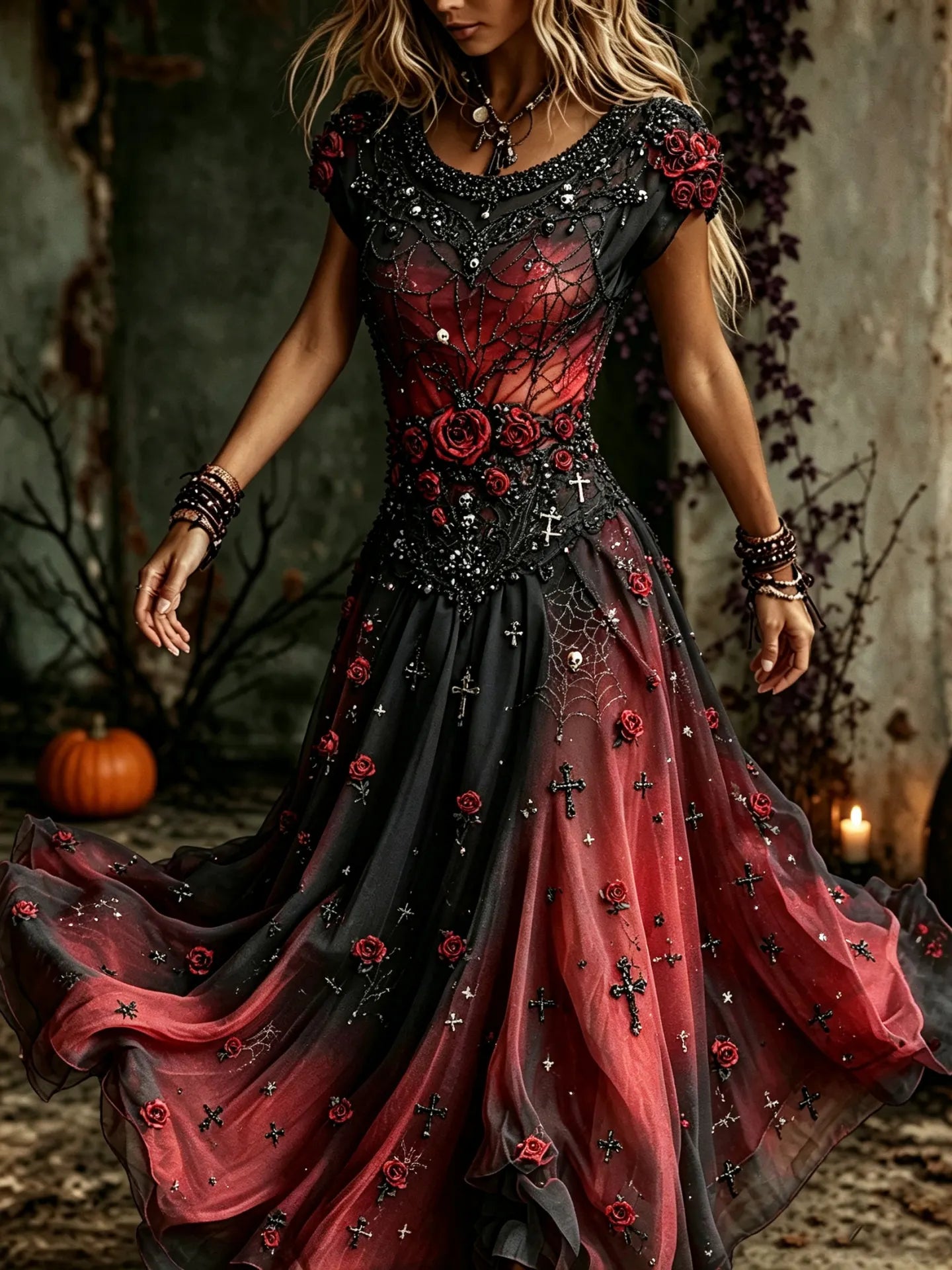 Women's Vintage Halloween Rose Art Crew Neck Short Sleeve Maxi Dress
