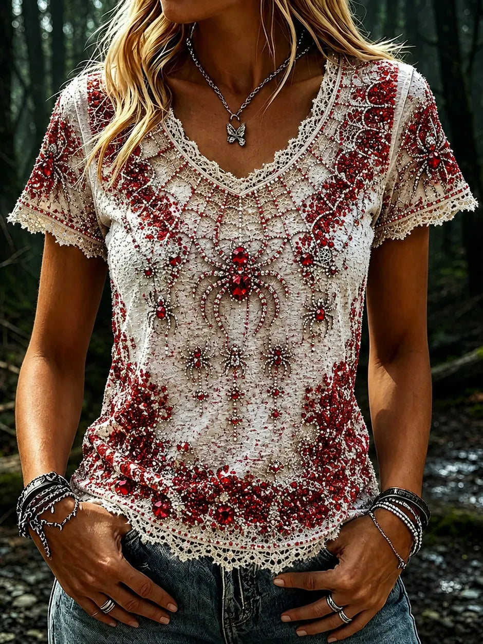 Women's Vintage Spider Art V-neck Short Sleeve Linen Blend T-shirt