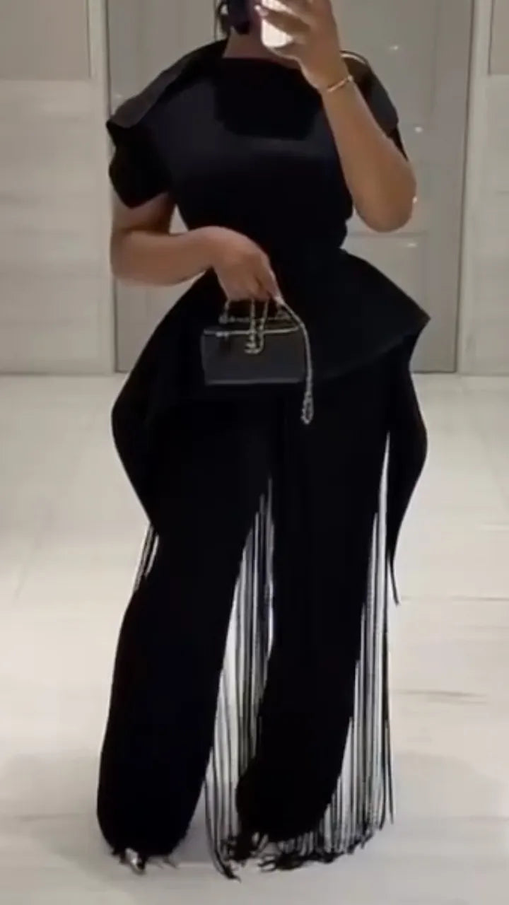 Black Peplum Top & Fringe Pants Co-Ord Set