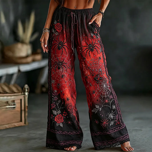 Women's Vintage Halloween Spider And Rose Art Gradient Distressed Cotton Linen Casual Pants